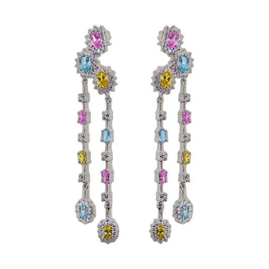 Long Bridal Earrings by Lauren G Adams, silver with pink blue yellow gems and crystal halos on Tampa Home & Garden Store