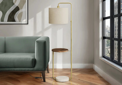 Floor lamp with USB port, brass frame, beige linen shade and wood shelf Unique Piece Furniture on Tampa Home & Garden Store