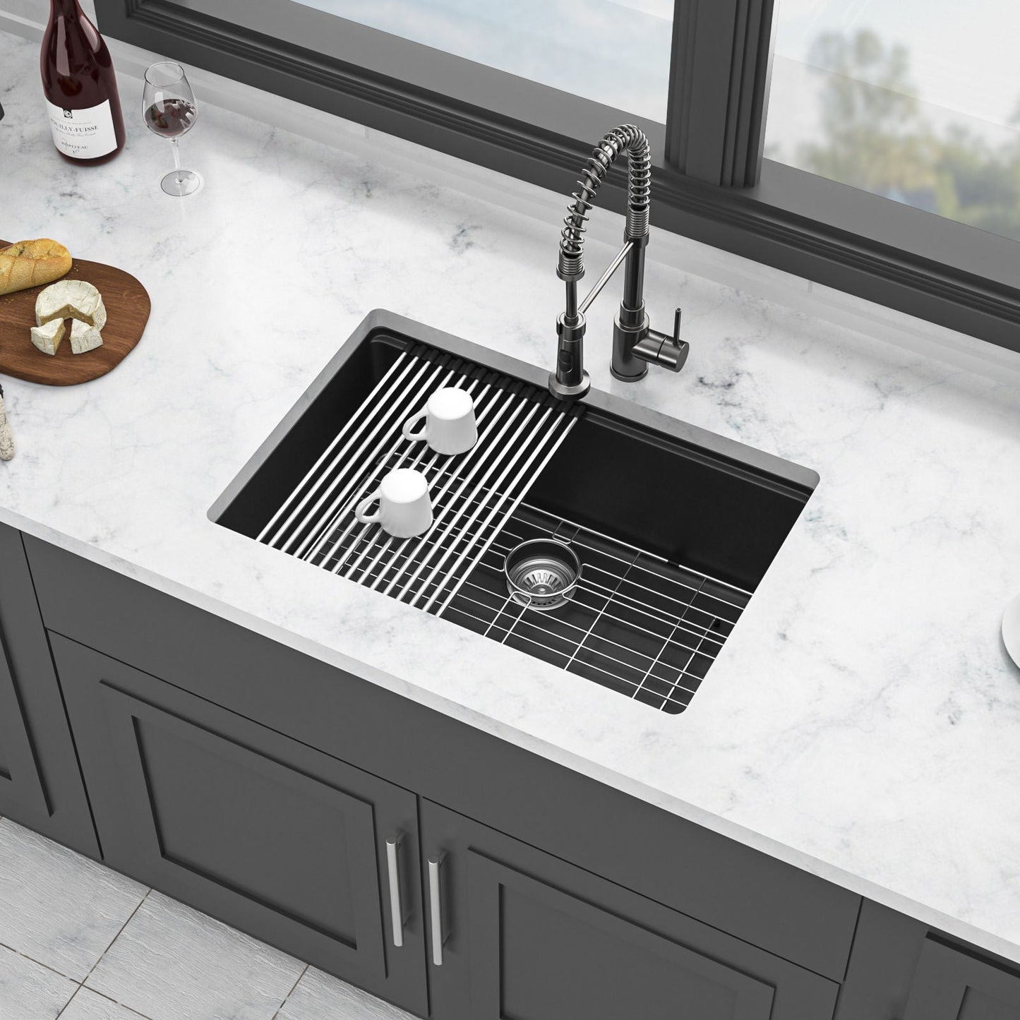 Quartz kitchen sink with granite composite workstation undermount, black basin, stainless dish rack on Tampa Home & Garden Store