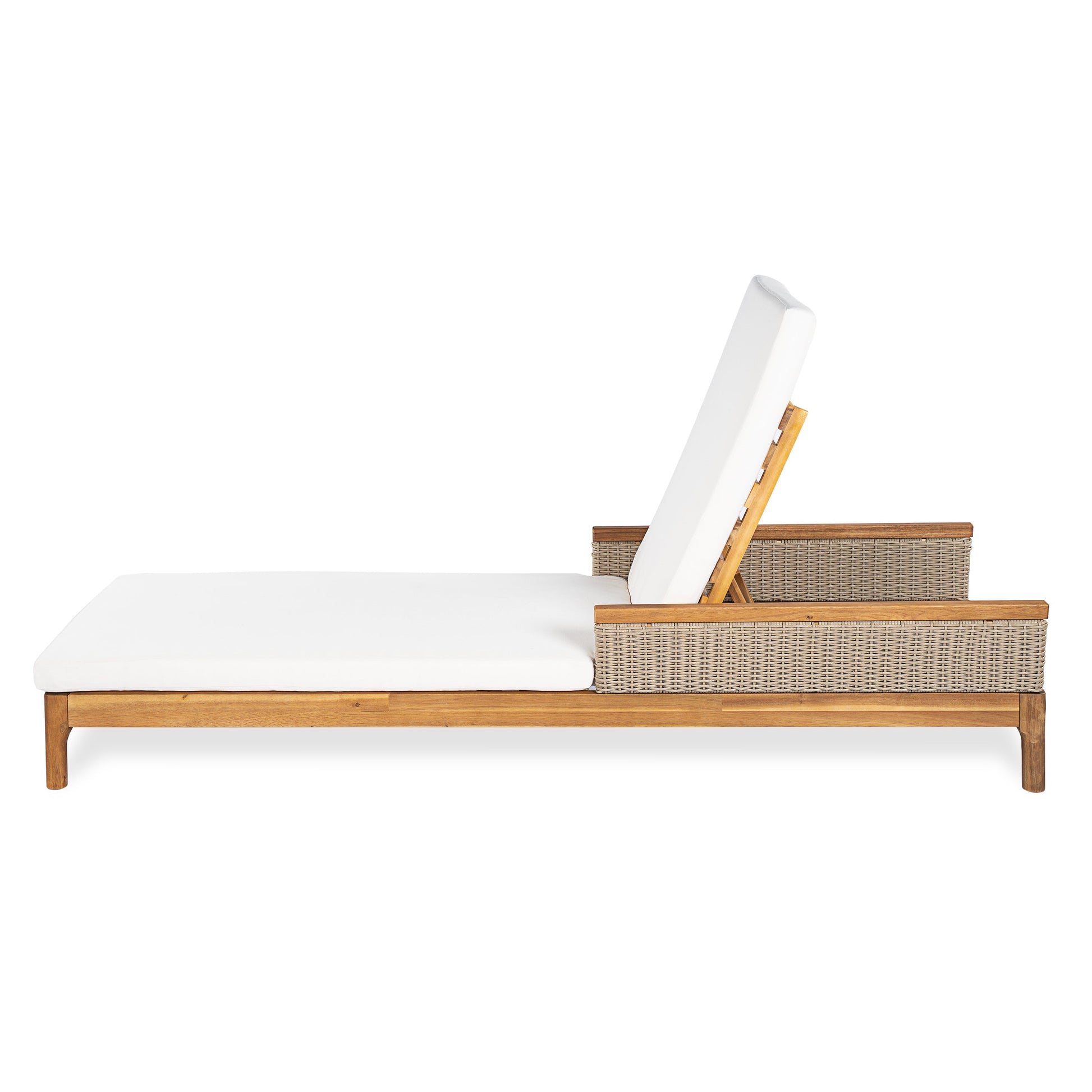 76.8-inch solid acacia wood sun loungers with white cushions and wicker bases set of 2 on Tampa Home & Garden Store