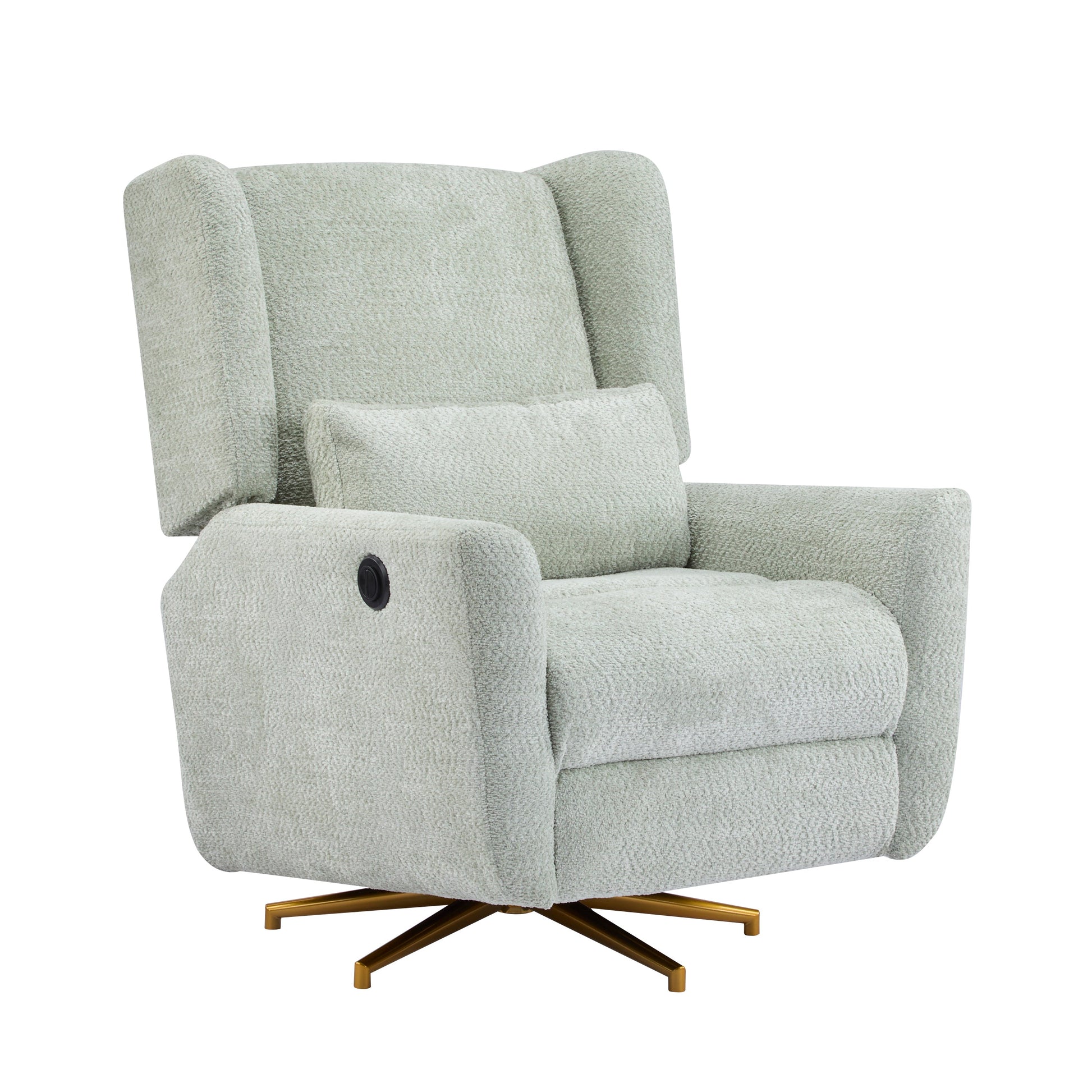 Power recliner chair with boucle upholstery in light gray and a gold 360-degree swivel base on Tampa Home & Garden Store