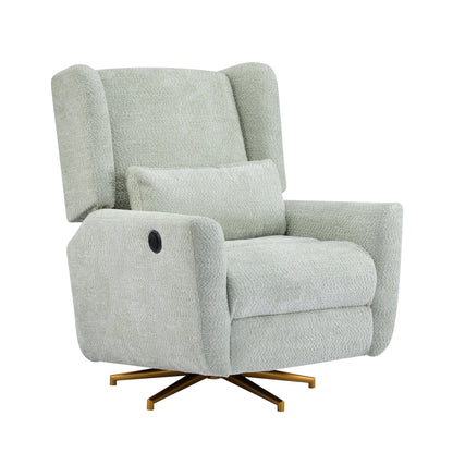 Power recliner chair with boucle upholstery in light gray and a gold 360-degree swivel base on Tampa Home & Garden Store
