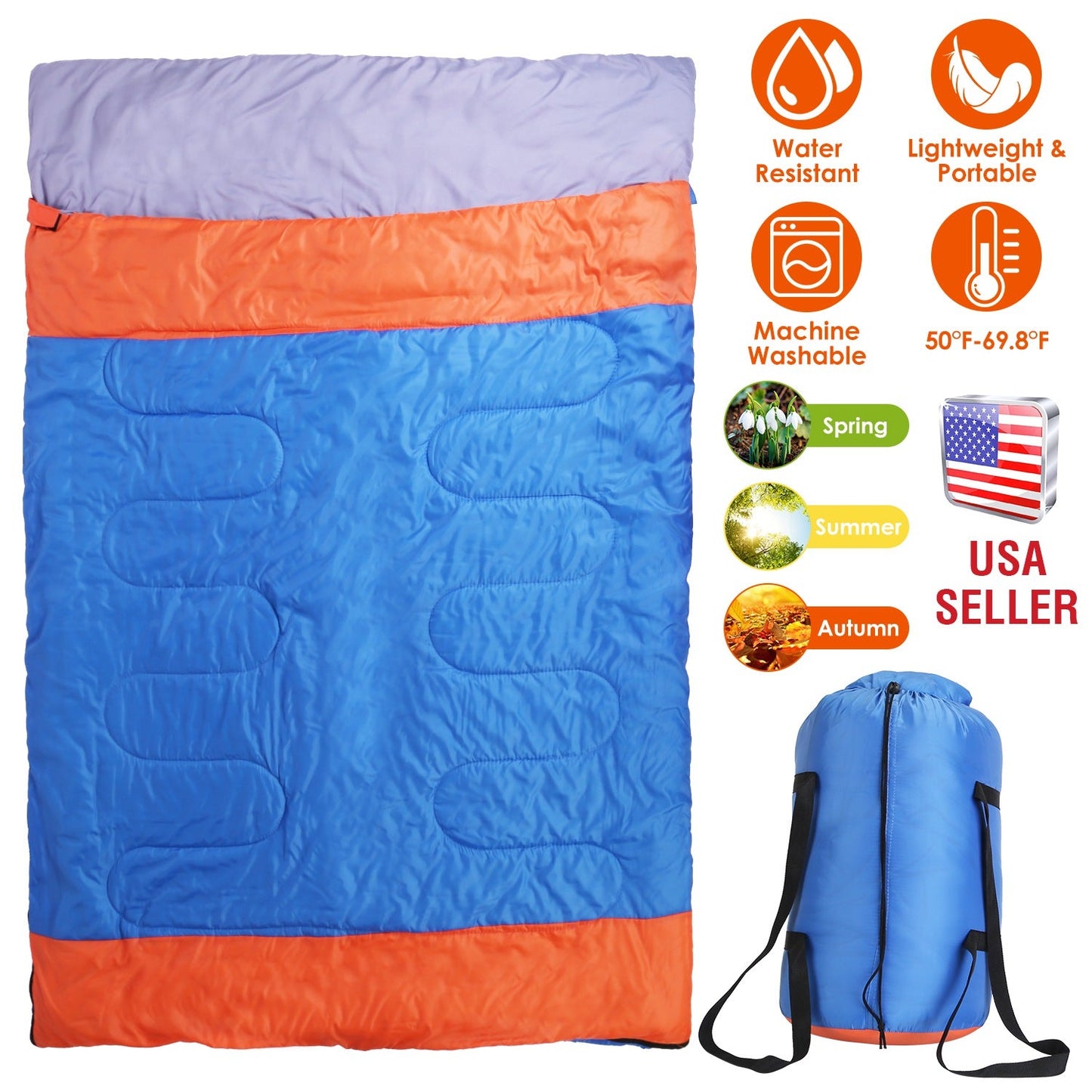 3-person sleeping bag blue with orange trim, water resistant and lightweight, comes with a sack on Tampa Home & Garden Store