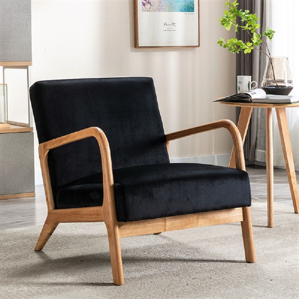 Classic mid-century open-framed armchair with black cushioning and wooden frame on Tampa Home & Garden Store