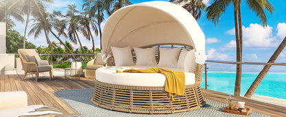 Patio Rattan Round Daybed and Retractable Canopy