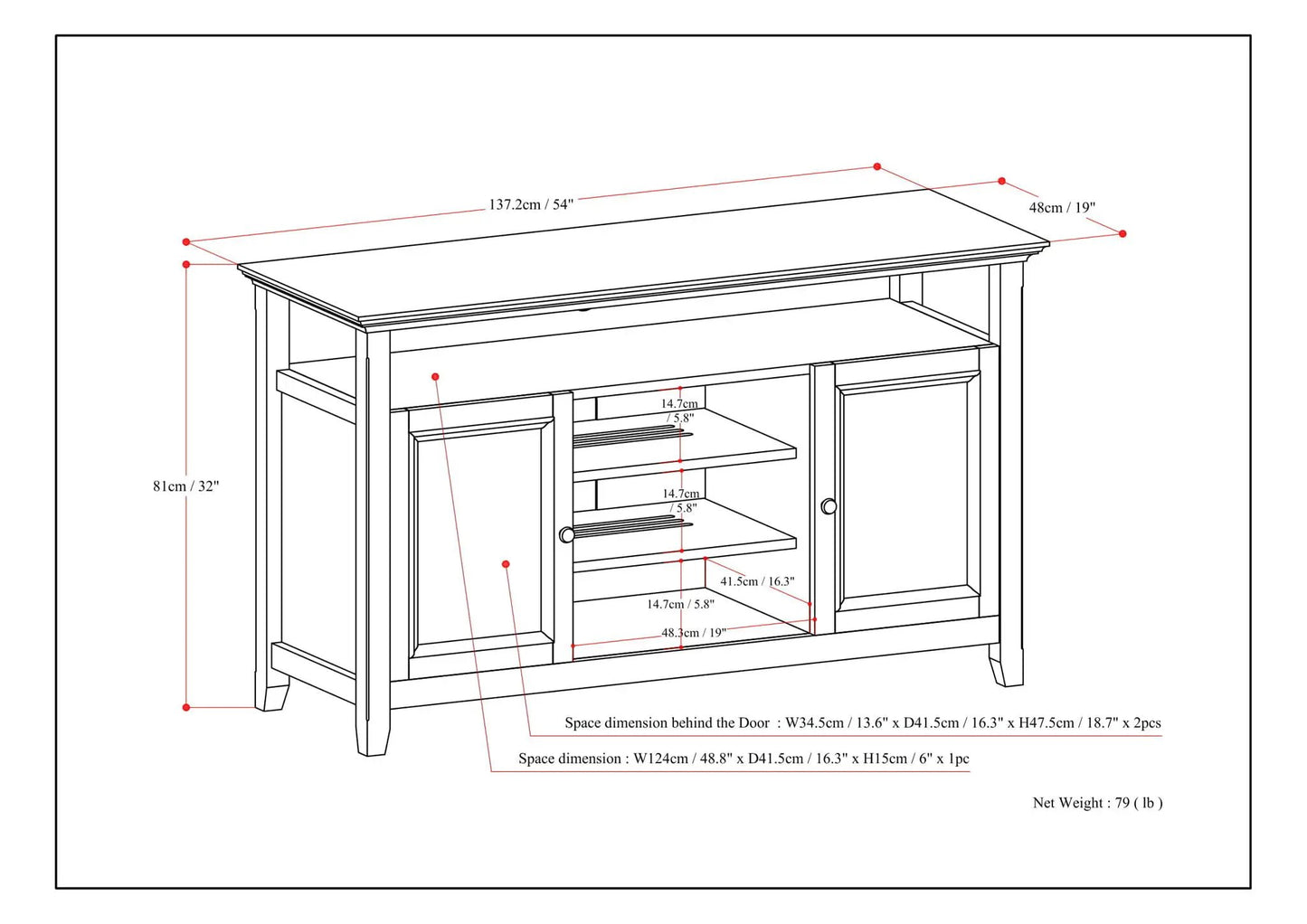Amherst TV media stand wood by Unique Piece Furniture, line drawing with dimensions on Tampa Home & Garden Store