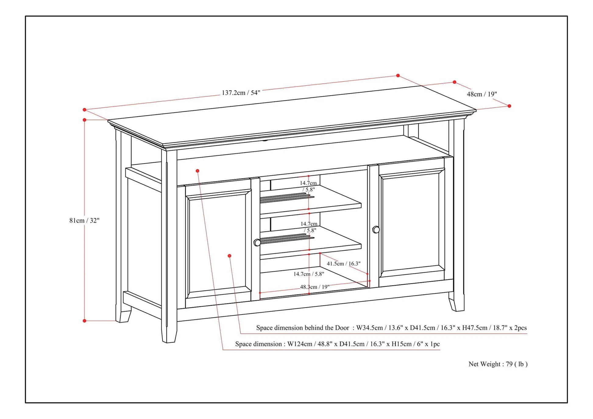 Amherst TV media stand wood by Unique Piece Furniture, line drawing with dimensions on Tampa Home & Garden Store