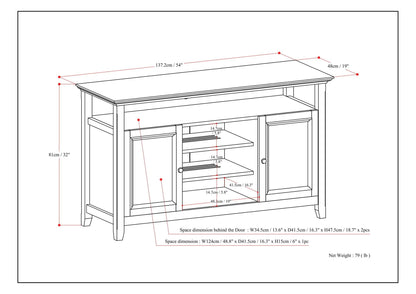 Amherst TV media stand wood by Unique Piece Furniture, line drawing with dimensions on Tampa Home & Garden Store