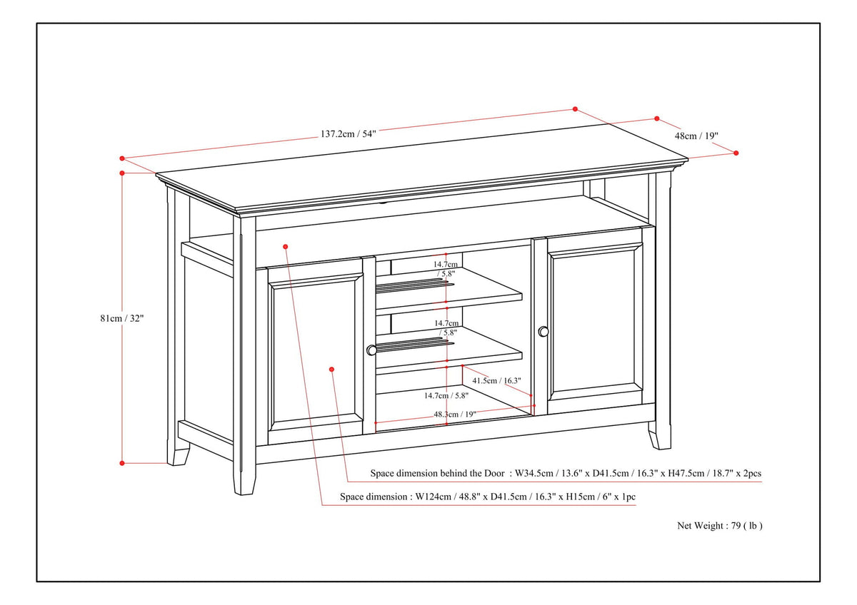 HouseOfZazla solid wood TV stand with adjustable shelves; dimensioned schematic of top and doors on Tampa Home & Garden Store