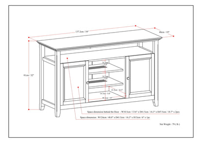 HouseOfZazla solid wood TV stand with adjustable shelves; dimensioned schematic of top and doors on Tampa Home & Garden Store