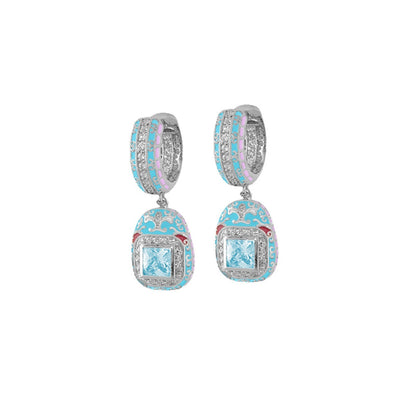 Renaissance Earrings by Lauren G Adams, turquoise pink enamel hoops with crystal accents and blue square gemstone drops pair on Tampa Home & Garden Store