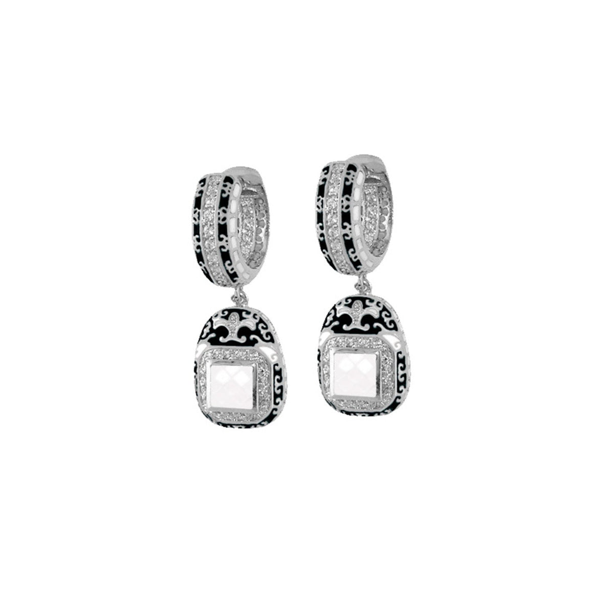 Renaissance Earrings by Lauren G Adams; drop hoops with enamel scrolls and gemstone pendants on Tampa Home & Garden Store