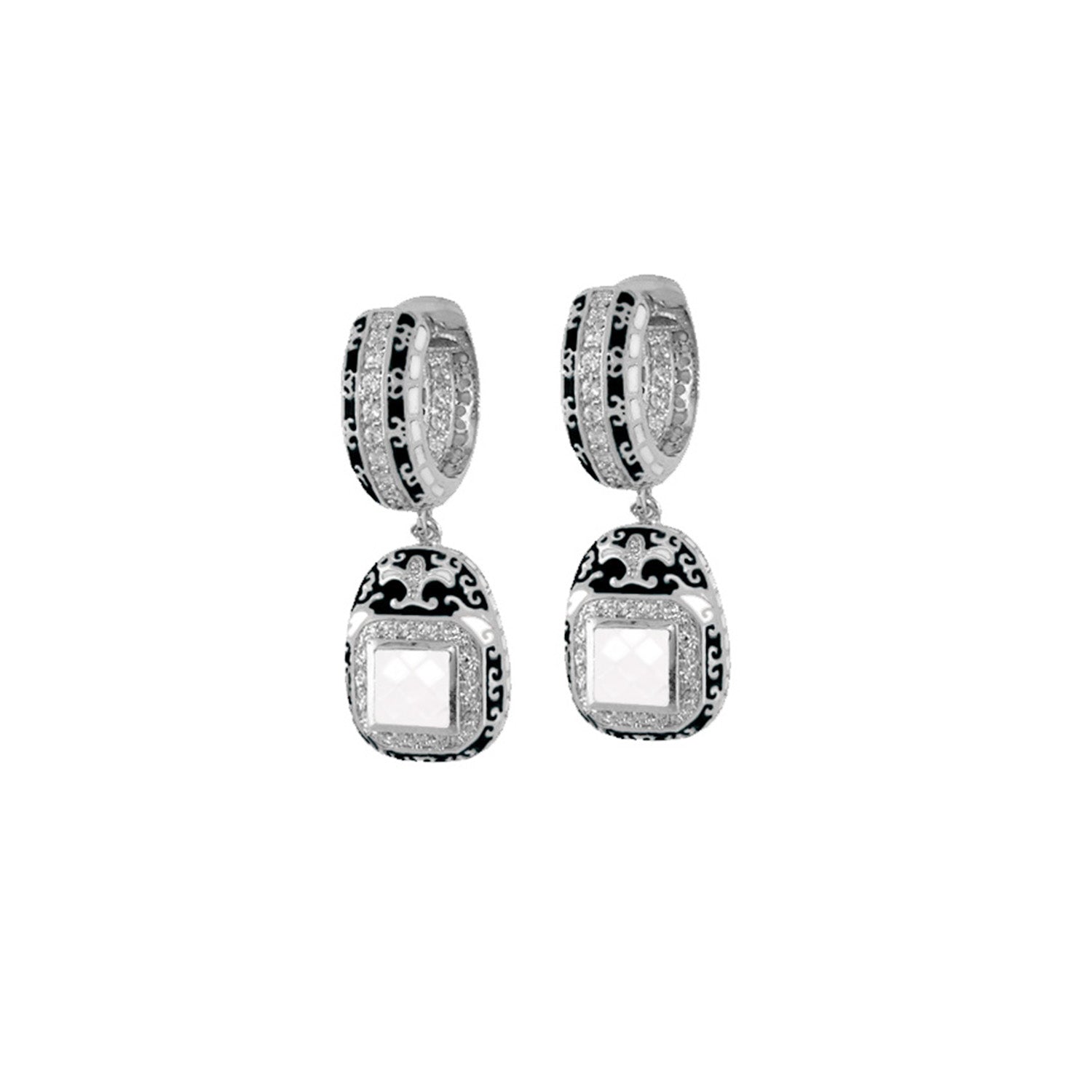 Renaissance Earrings by Lauren G Adams; drop hoops with enamel scrolls and gemstone pendants on Tampa Home & Garden Store