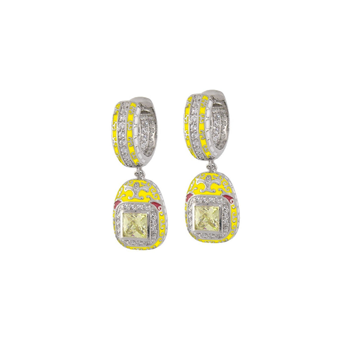 Renaissance Earrings by Lauren G Adams; silver hoops with yellow enamel scrolls, pair on Tampa Home & Garden Store