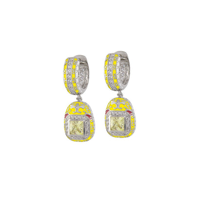 Renaissance Earrings by Lauren G Adams; silver hoops with yellow enamel scrolls, pair on Tampa Home & Garden Store