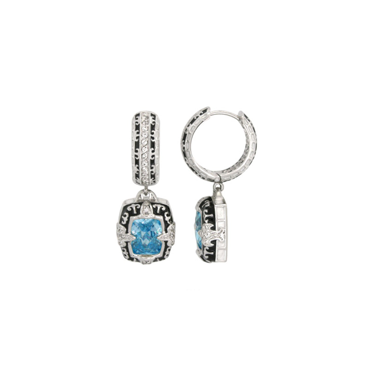 Renaissance Earrings by Lauren G Adams, silver-tone drop hoops pair with blue gemstone enamel on Tampa Home & Garden Store