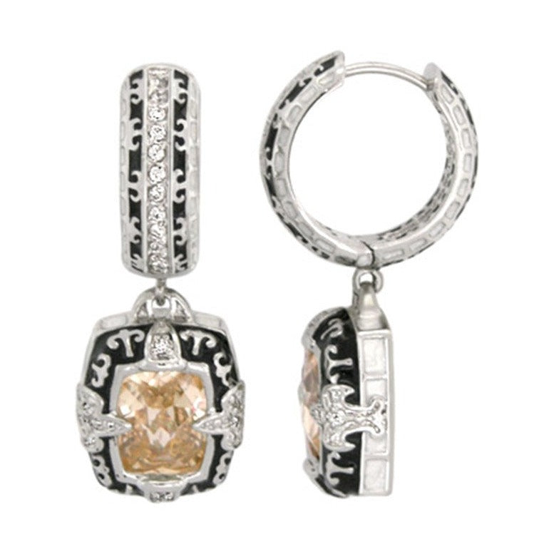 Renaissance Earrings by Lauren G Adams, silver-tone drop with black enamel and peach gemstone on Tampa Home & Garden Store