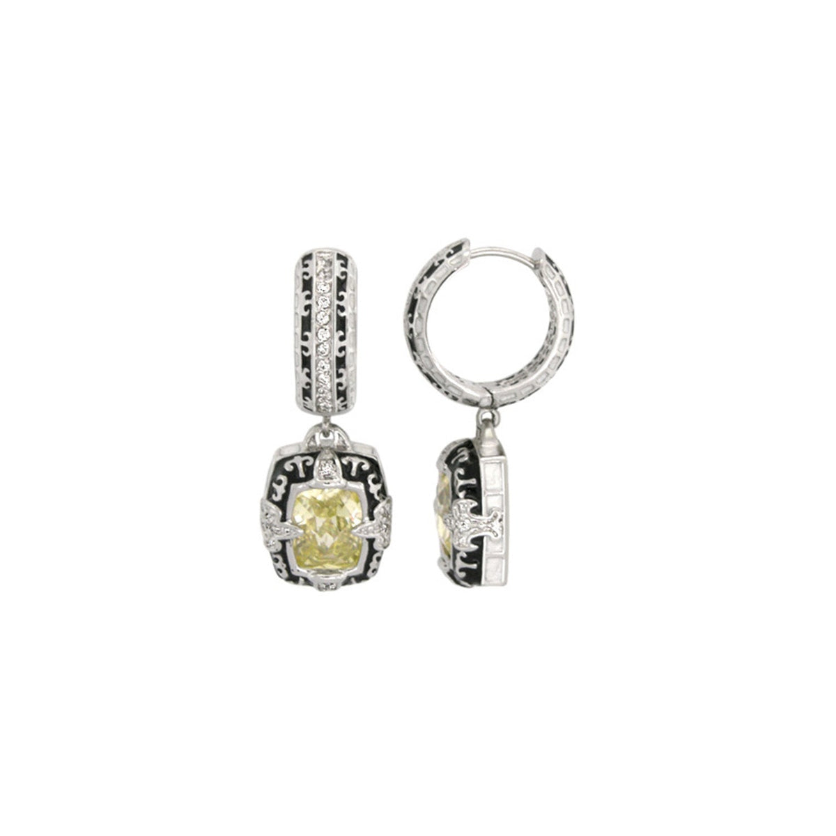 Renaissance Earrings by Lauren G Adams, drop earrings with yellow center stone and black enamel on Tampa Home & Garden Store