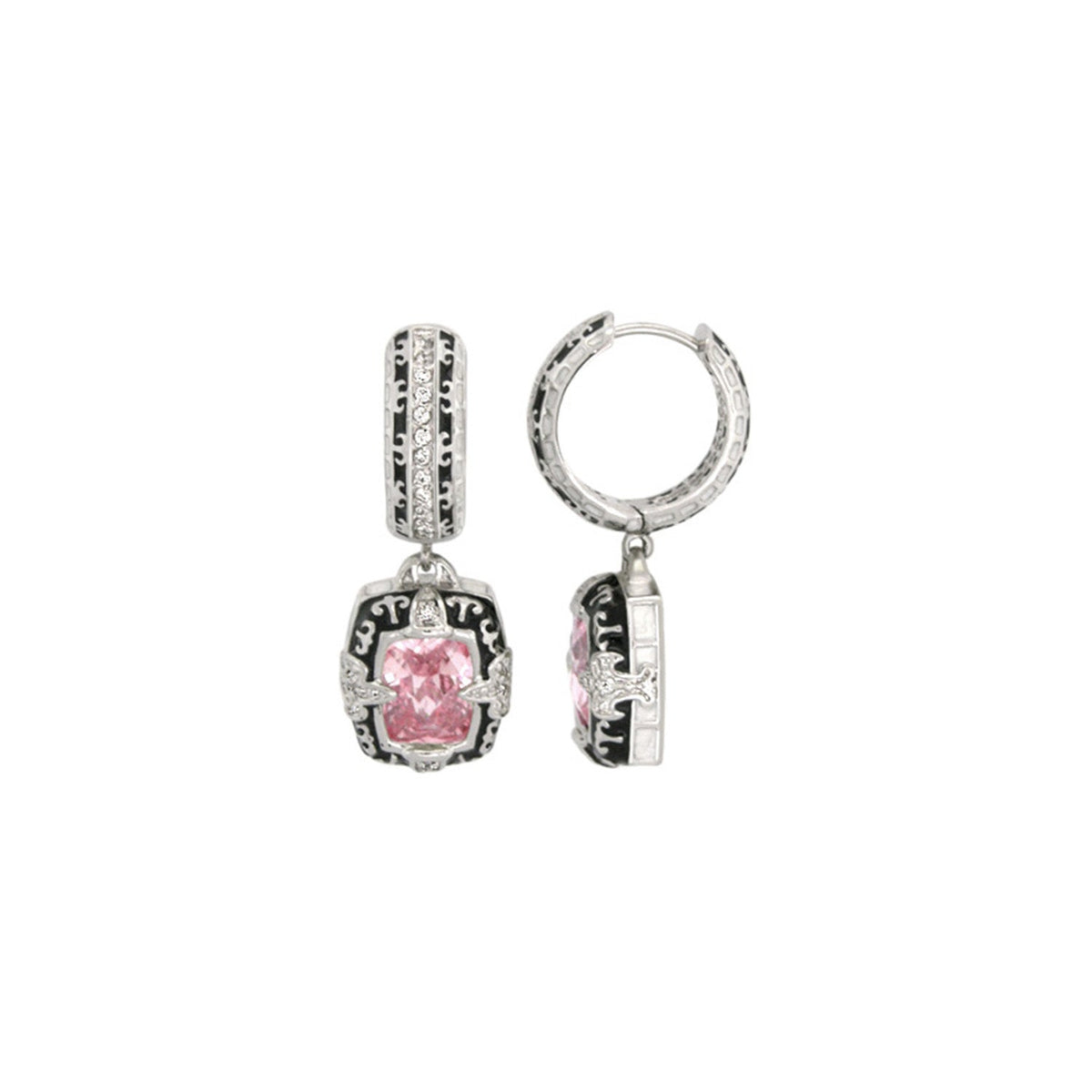 Renaissance Earrings by Lauren G Adams; silvertone drops with pink stones and black enamel on Tampa Home & Garden Store