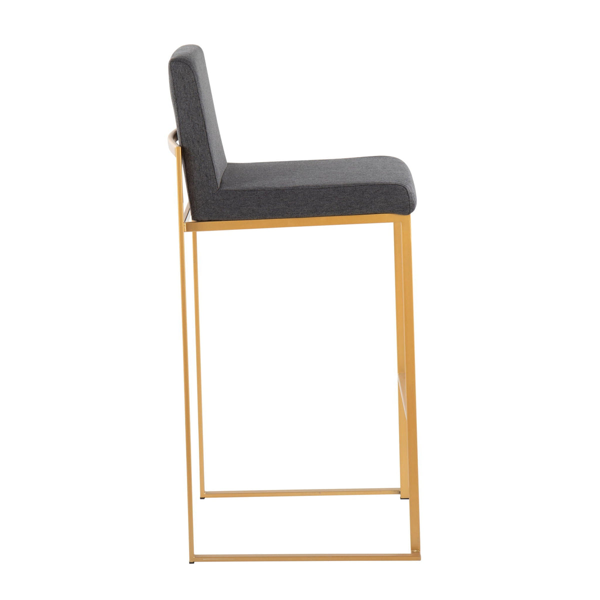Contemporary high-back barstool with gray fabric upholstery and gold metal frame on Tampa Home & Garden Store