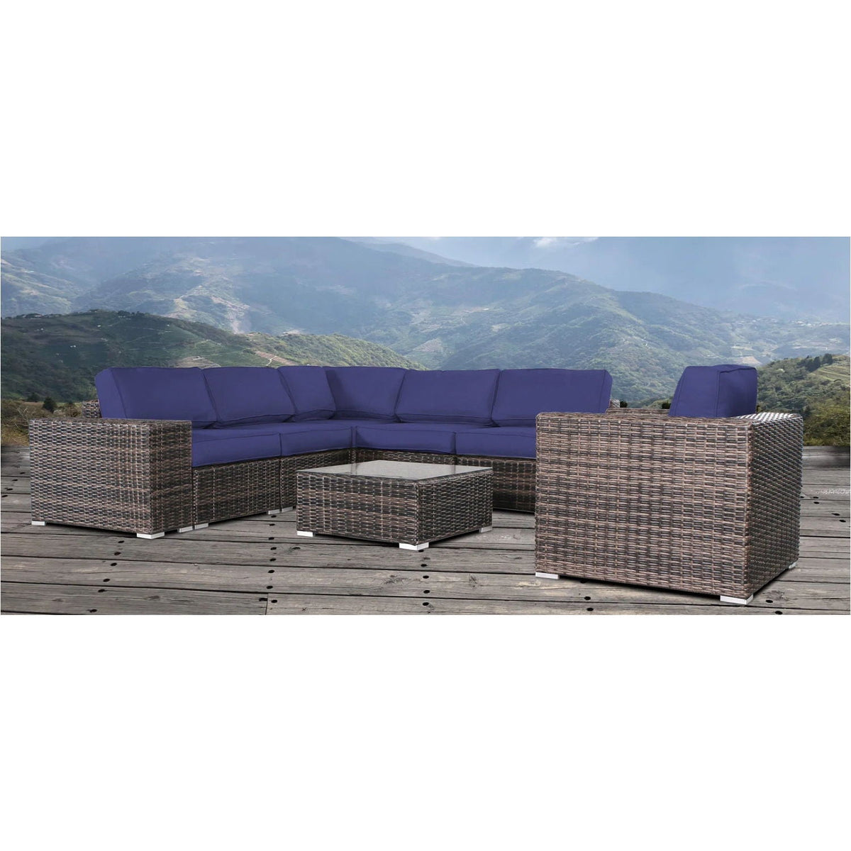 Wicker outdoor seating group with purple cushions and glass table, 3-piece set on Tampa Home & Garden Store