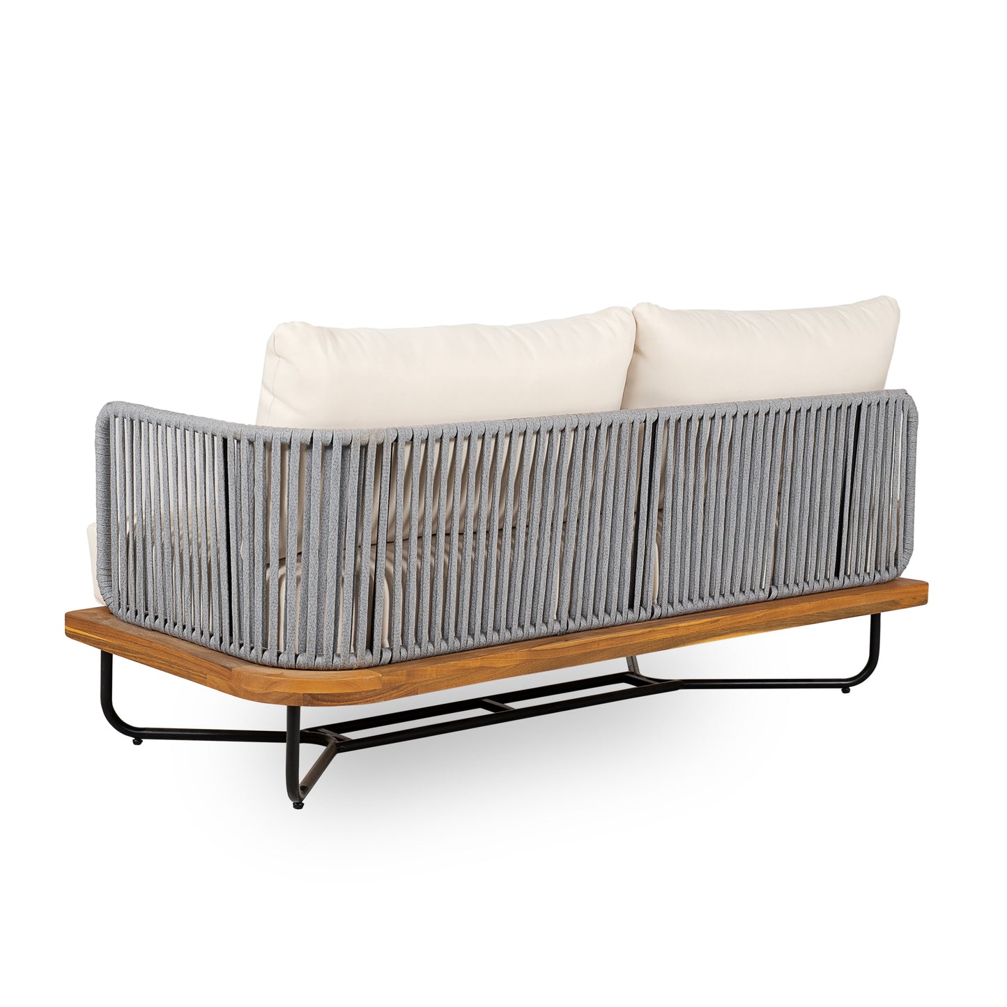 Lucca Outdoor Acacia Rope Woven Sofa Sectional with gray rope and cream cushions on wood base on Tampa Home & Garden Store