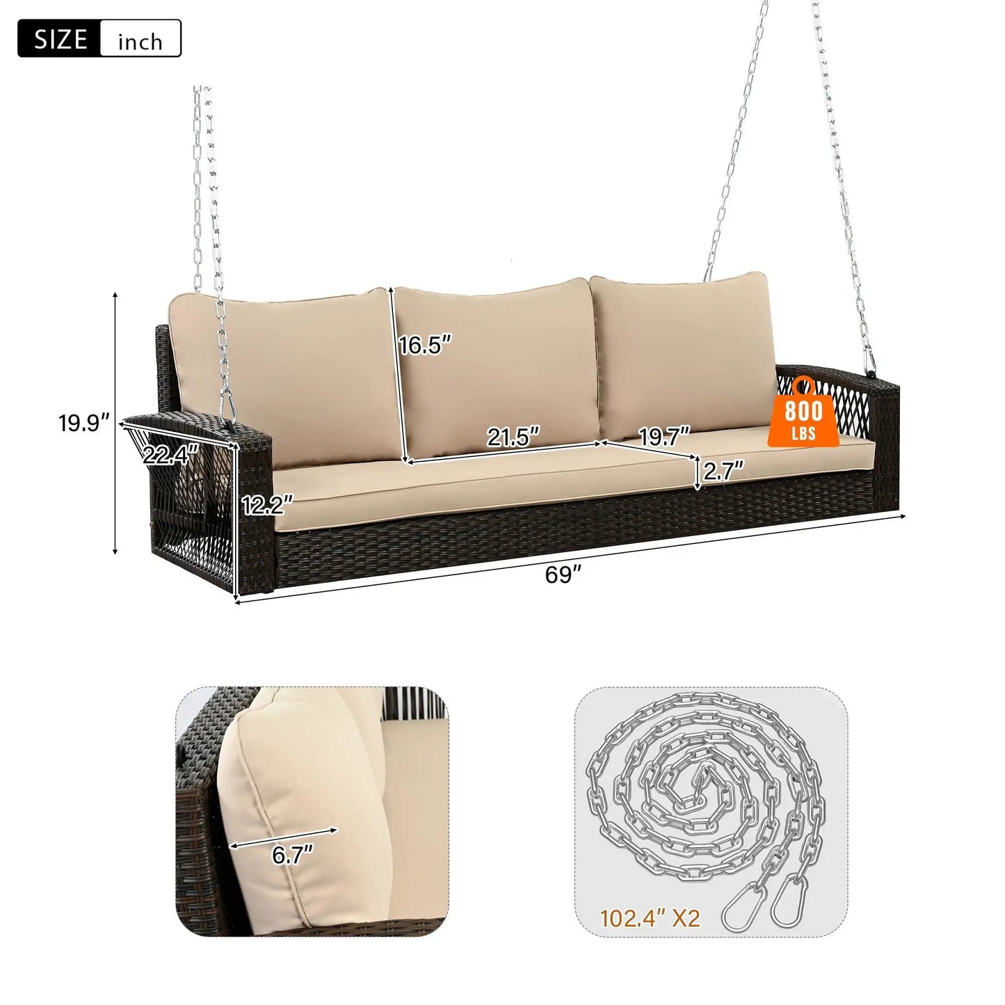 3-person beige cushioned patio swing bench on dark wicker frame with chains on Tampa Home & Garden Store