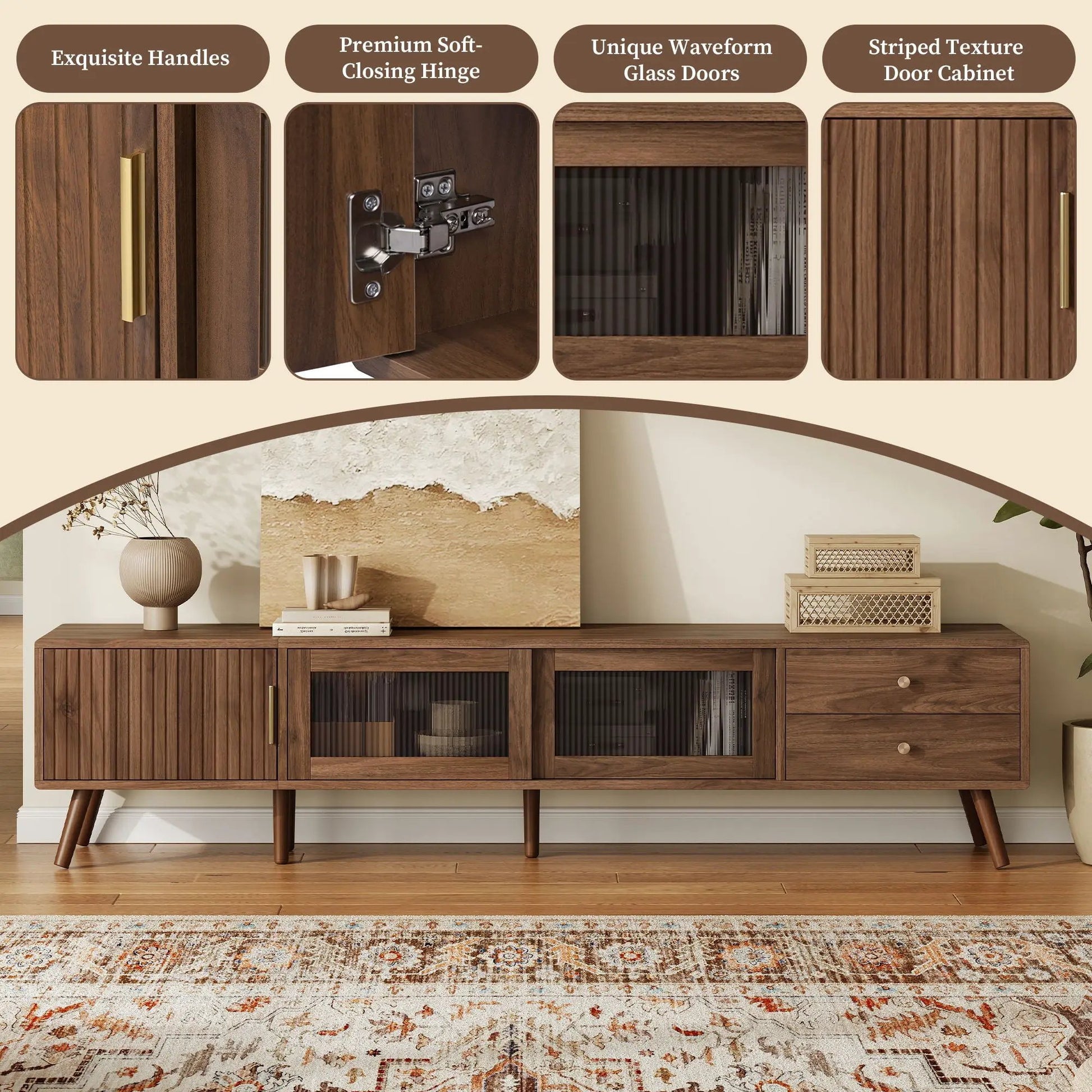 TV stand with natural wood doors, glass panels, gold handles for TVs up to 85 inches on Tampa Home & Garden Store