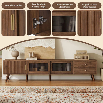 TV stand with natural wood doors, glass panels, gold handles for TVs up to 85 inches on Tampa Home & Garden Store