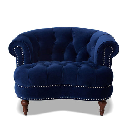 Victorian tufted velvet accent chair in deep navy with silver nailhead trim and rolled arms on Tampa Home & Garden Store