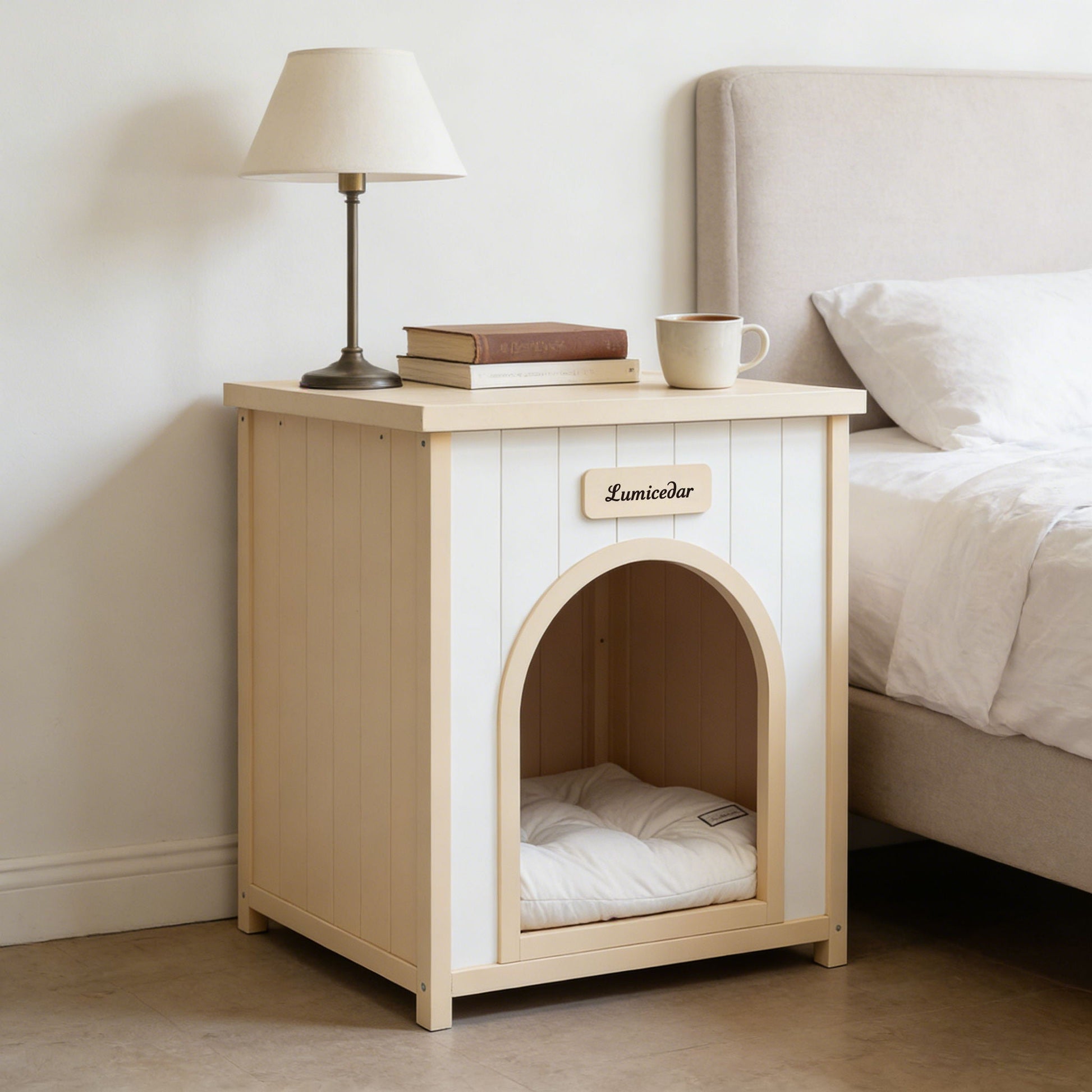 Indoor Dog House with Removable Cushion in cream white and light yellow by HouseOfZazla on Tampa Home & Garden Store