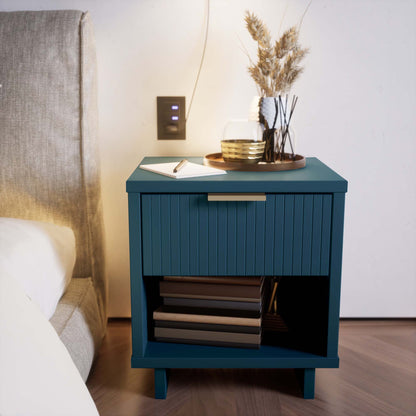 Granville 1-drawer nightstand in teal blue solid wood with vertical slat front beside bed on Tampa Home & Garden Store