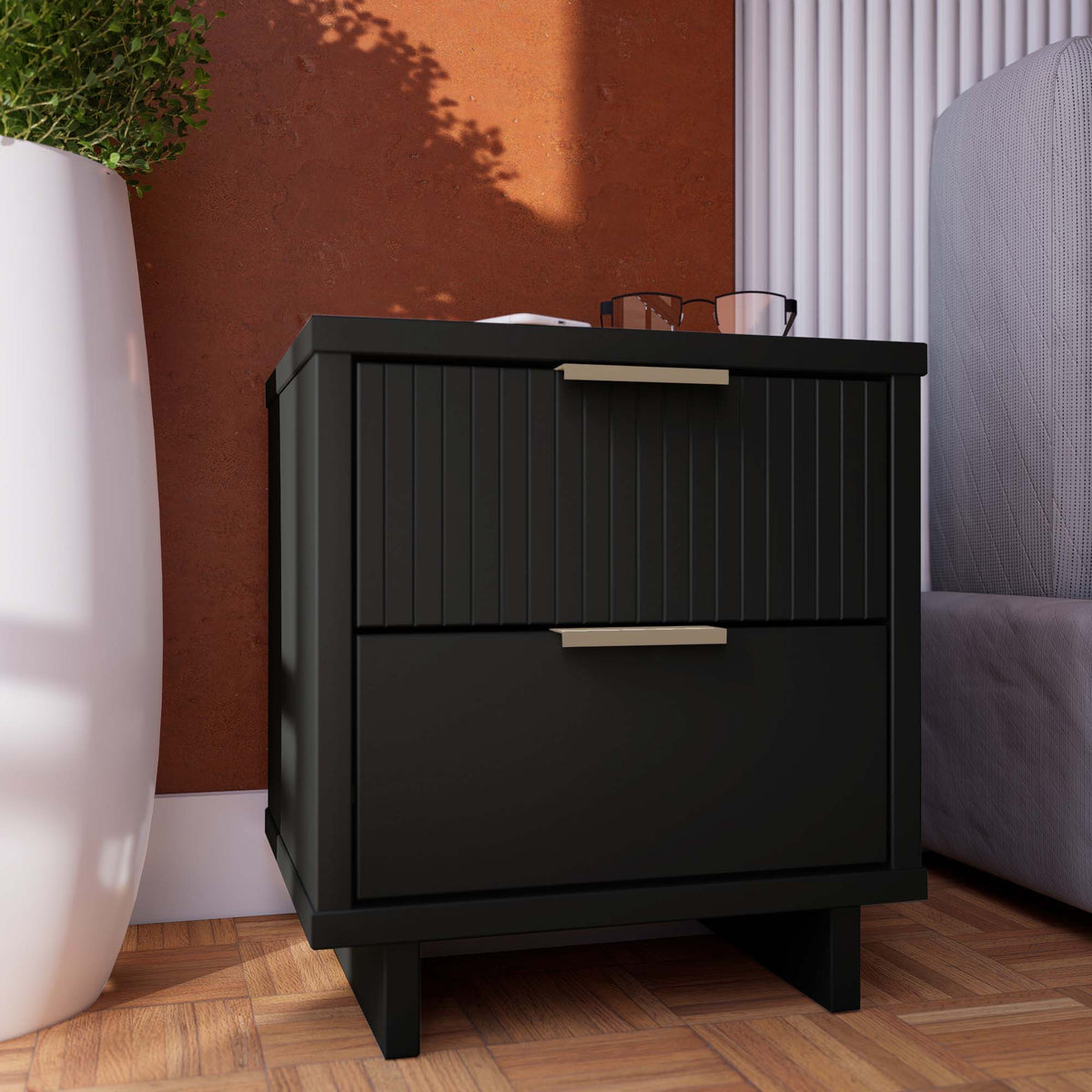 Granville Nightstand with 2 Drawers black solid wood nightstand with gold-tone handles on Tampa Home & Garden Store