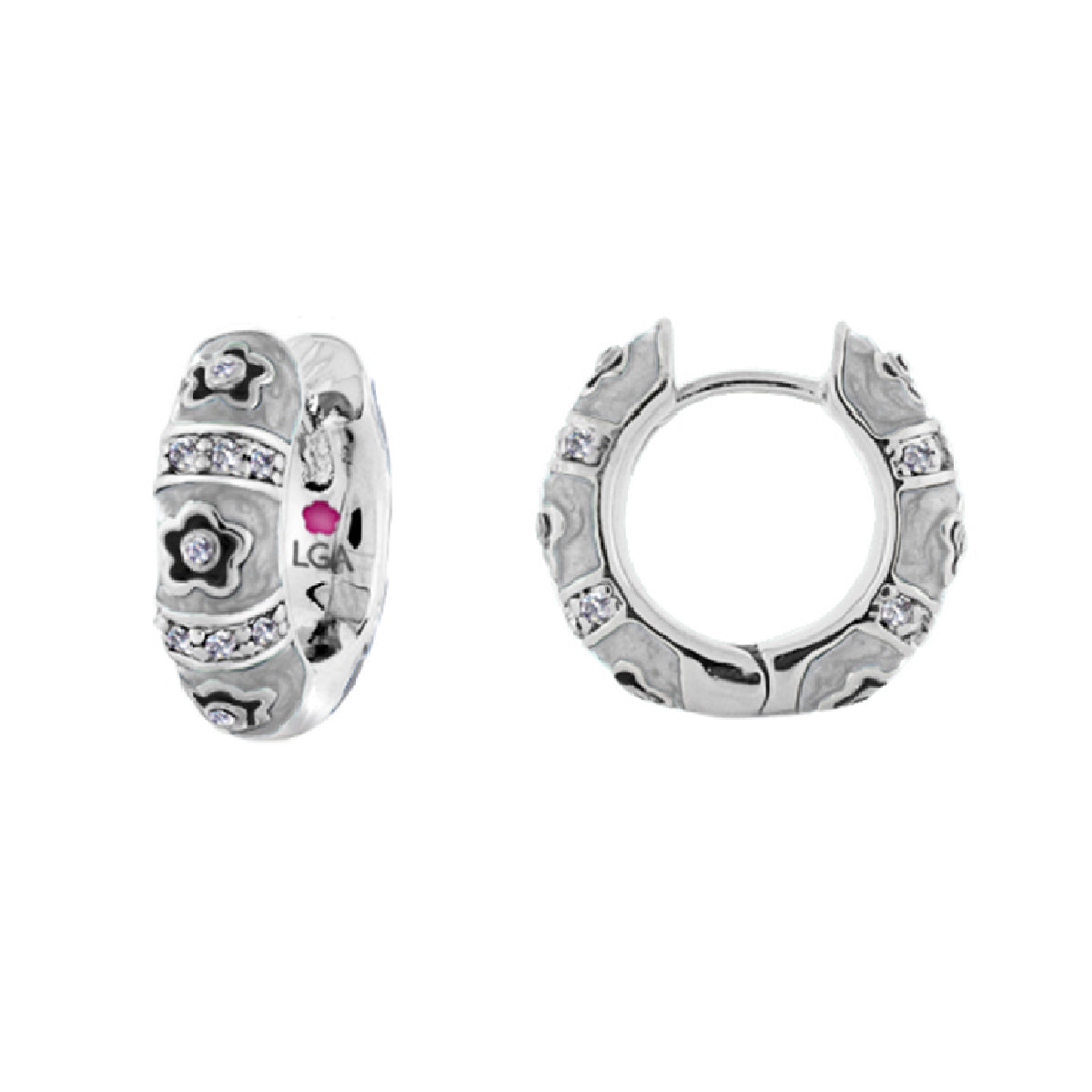 Daisy Love Earrings petite huggie, silver-tone hoops with daisy motifs and pavé crystals, LGA logo inside on Tampa Home & Garden Store