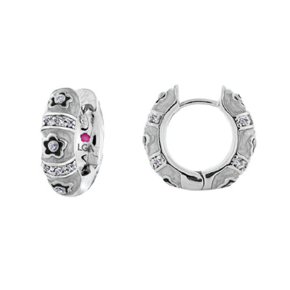 Daisy Love Earrings petite huggie, silver-tone hoops with daisy motifs and pavé crystals, LGA logo inside on Tampa Home & Garden Store