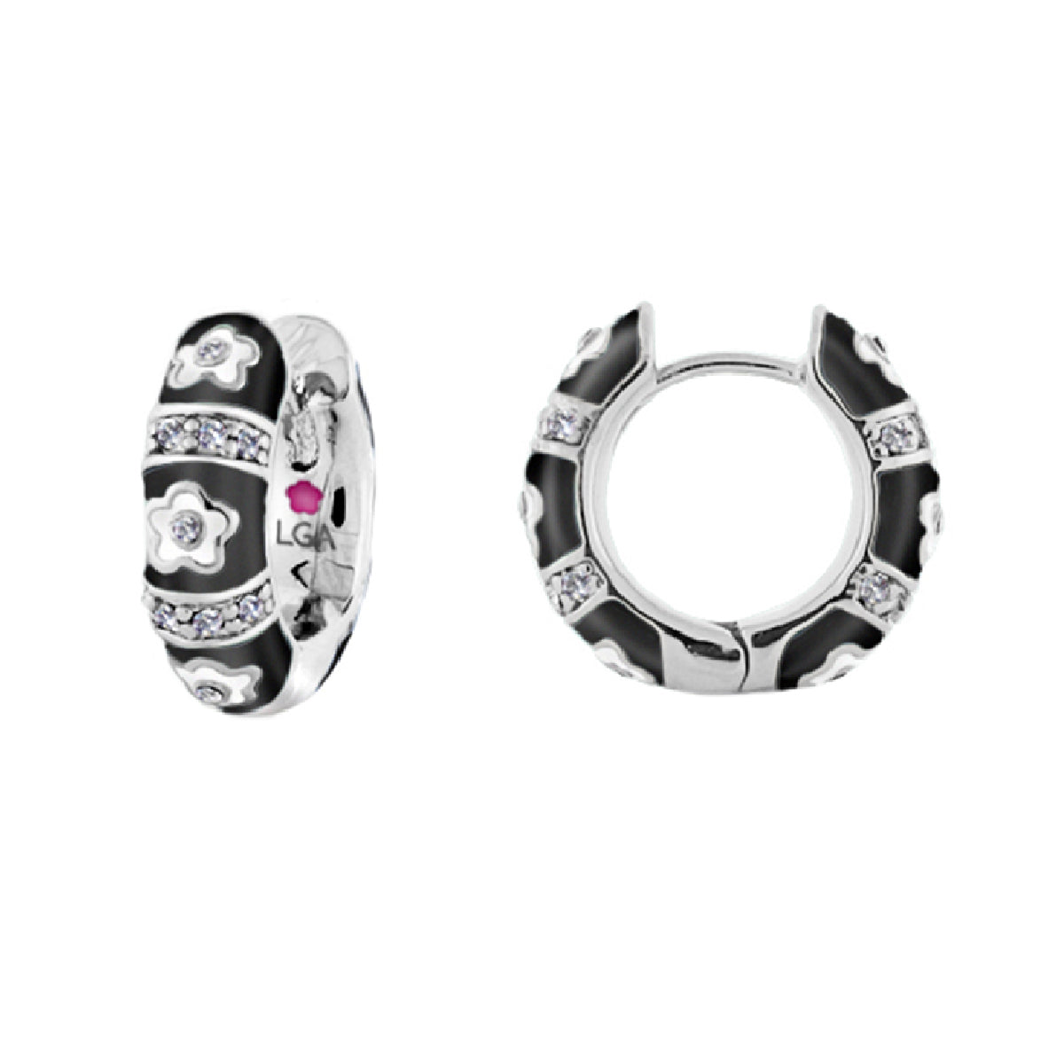 Daisy Love Earrings Huggie, black enamel hoop with flower and crystals by Lauren G Adams on Tampa Home & Garden Store