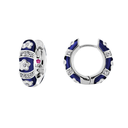 Daisy Love Earrings Petite Huggie pair by Lauren G Adams in blue enamel with clear crystals and floral motifs on Tampa Home & Garden Store