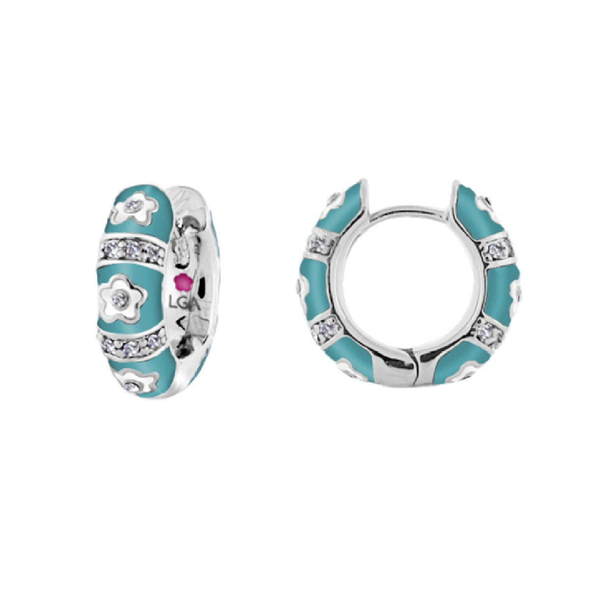 Daisy Love Petite Huggie Earrings turquoise enamel daisies and crystals by Lauren G Adams pair on Tampa Home & Garden Store