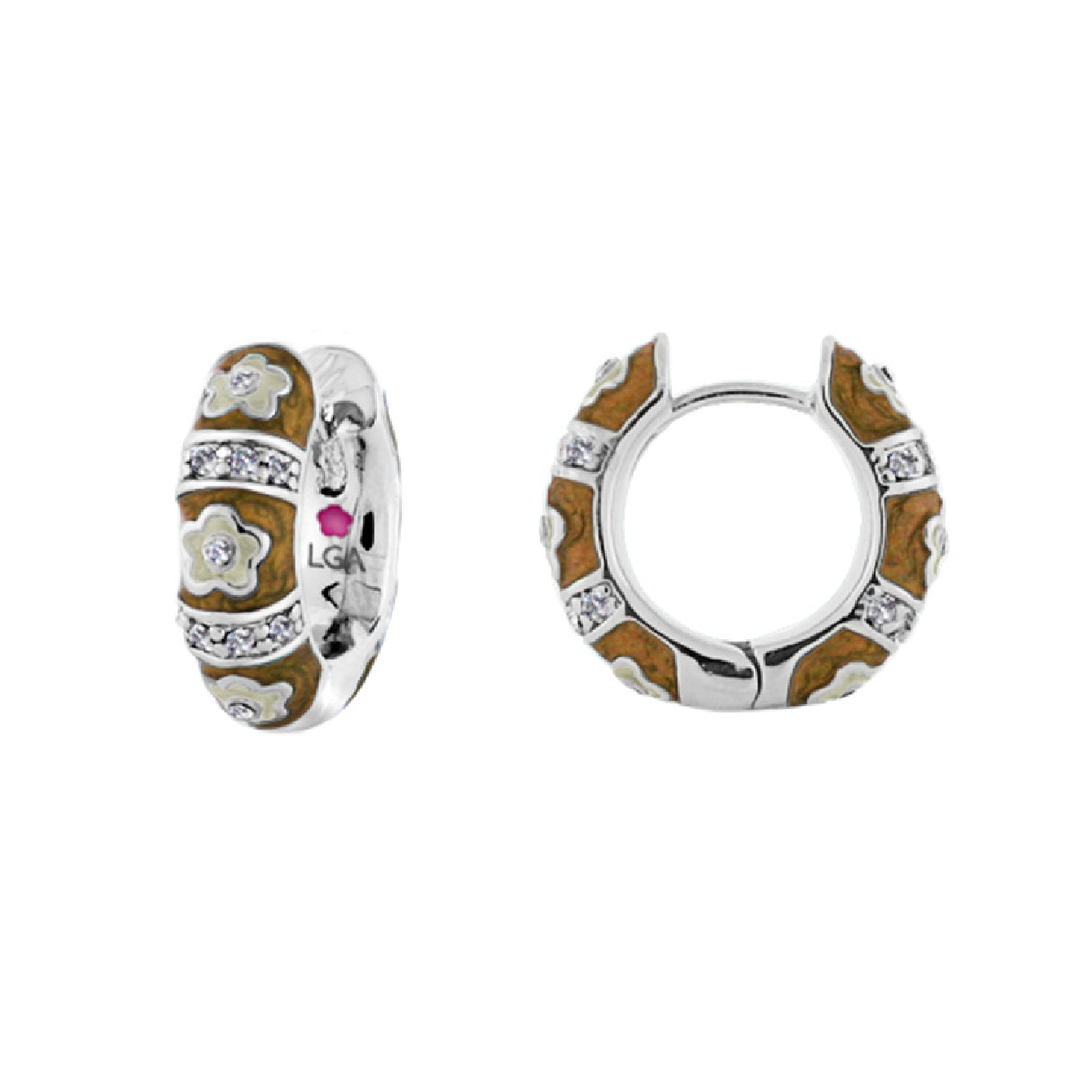 Daisy Love Earrings — Petite Huggie, hoops with brown enamel inlays and daisy accents on Tampa Home & Garden Store