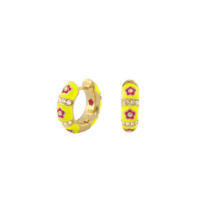 Daisy Love Earrings Huggie yellow enamel hoops with pink flowers and bands Lauren G Adams on Tampa Home & Garden Store