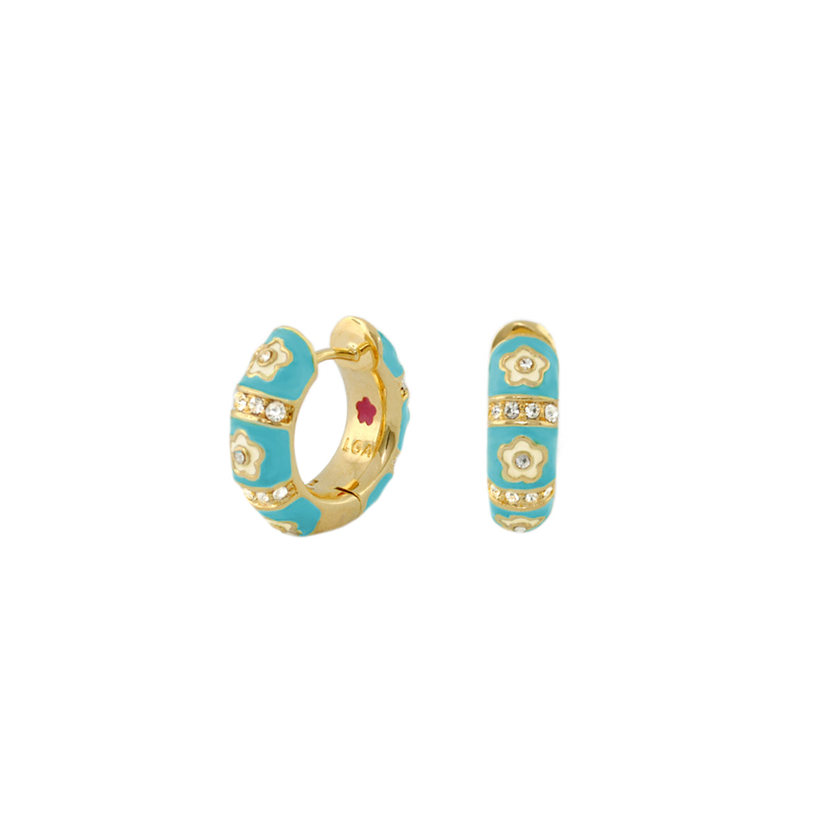 Daisy Love Earrings Petite Huggie turquoise enamel hoops with floral accents and crystals pair on Tampa Home & Garden Store