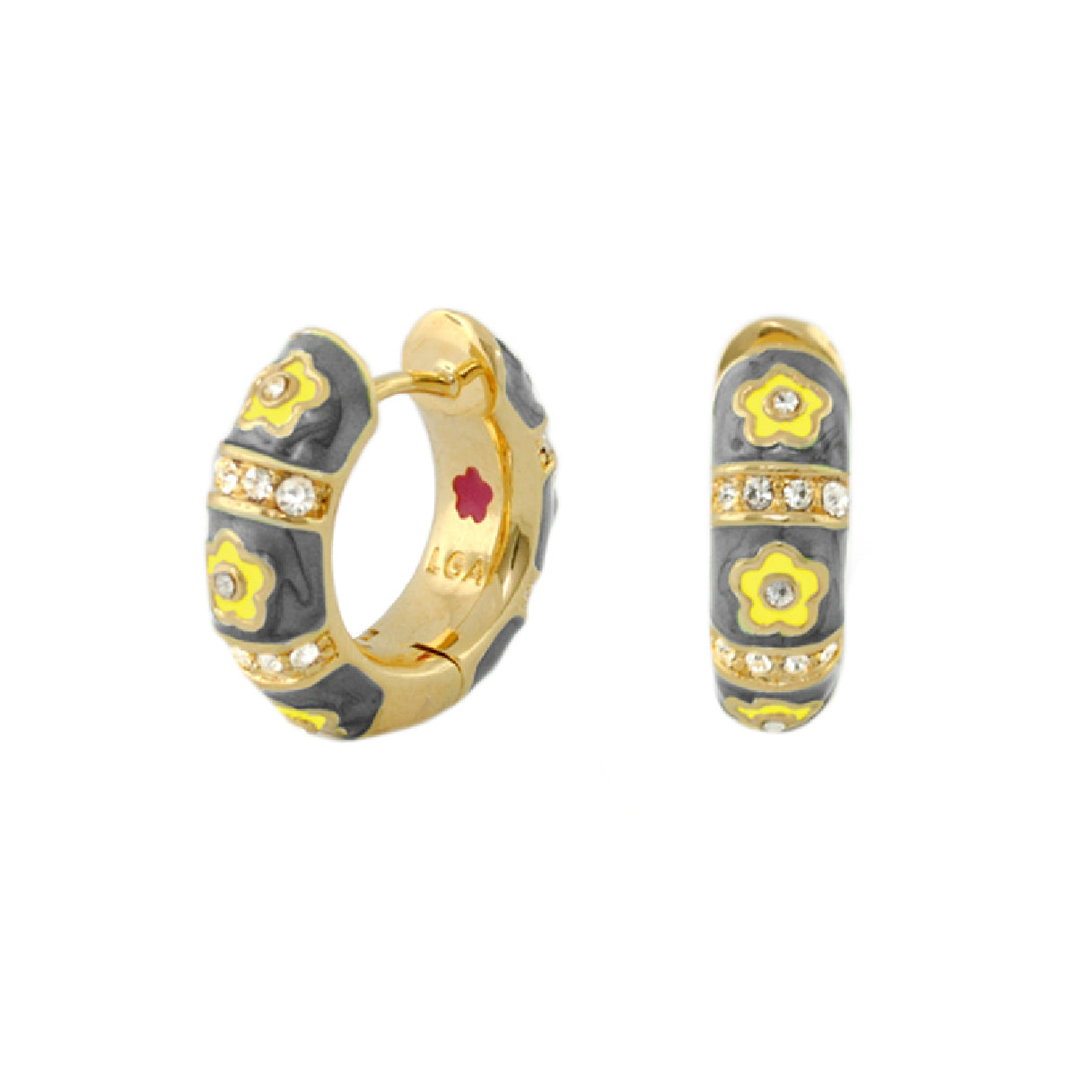 Daisy Love Earrings Petite Huggie gold-tone hoops with gray enamel and yellow flowers on Tampa Home & Garden Store