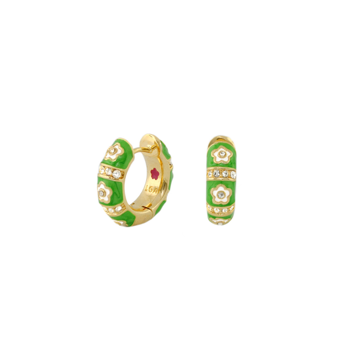 Daisy Love Earrings — Petite Huggie, green enamel hoops with white daisies and crystal band on Tampa Home & Garden Store