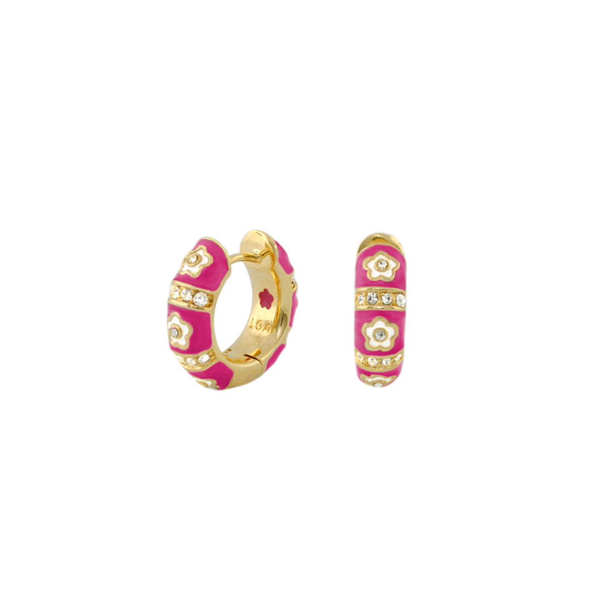 Daisy Love pink enamel Petite Huggie earrings by Lauren G Adams with white flower accents and crystal band, gold-tone pair on Tampa Home & Garden Store