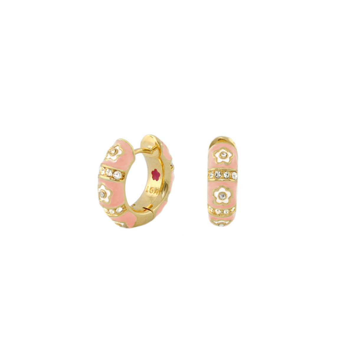Daisy Love Huggie earrings, pink enamel hoops with daisies and crystals by Lauren G Adams on Tampa Home & Garden Store
