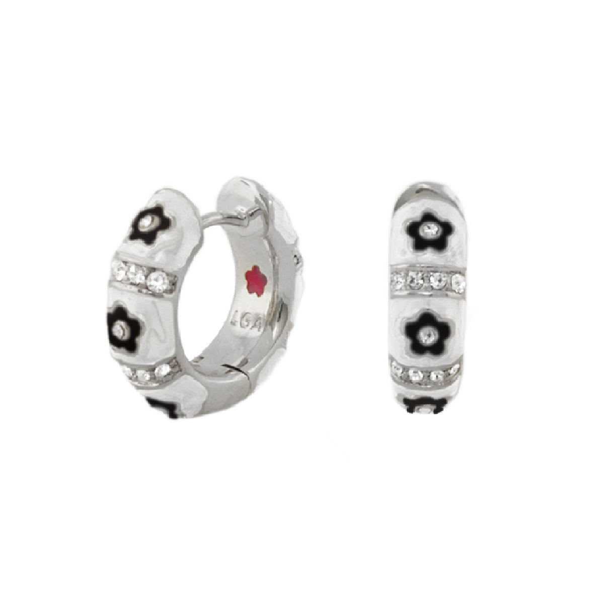 Pair of Daisy Love Huggie Earrings by Lauren G Adams, hoops with enamel daisies and crystals on Tampa Home & Garden Store