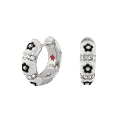 Pair of Daisy Love Huggie Earrings by Lauren G Adams, hoops with enamel daisies and crystals on Tampa Home & Garden Store