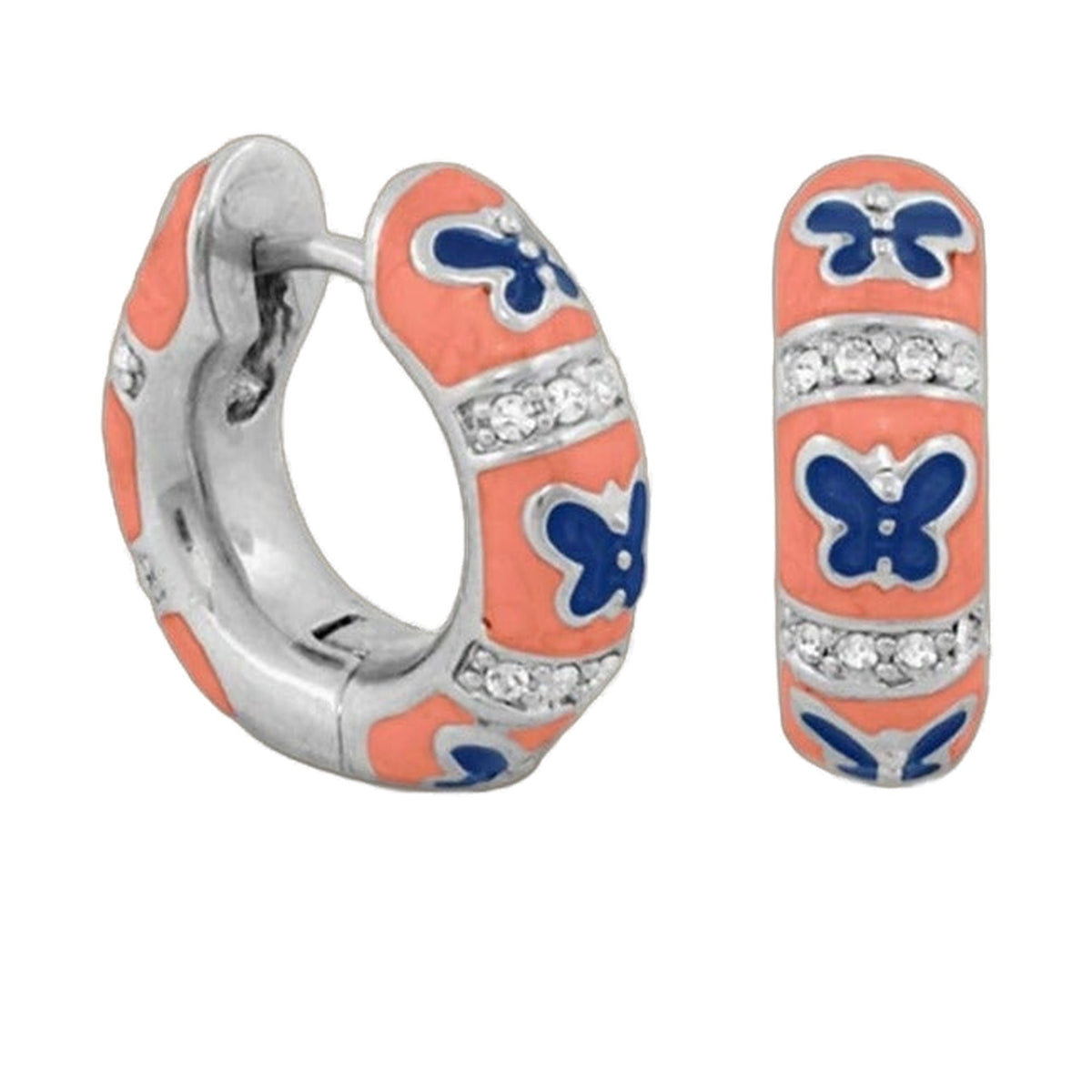 Butterfly World Earrings Lauren G Adams coral enamel hoops with blue butterfly accents on Tampa Home & Garden Store