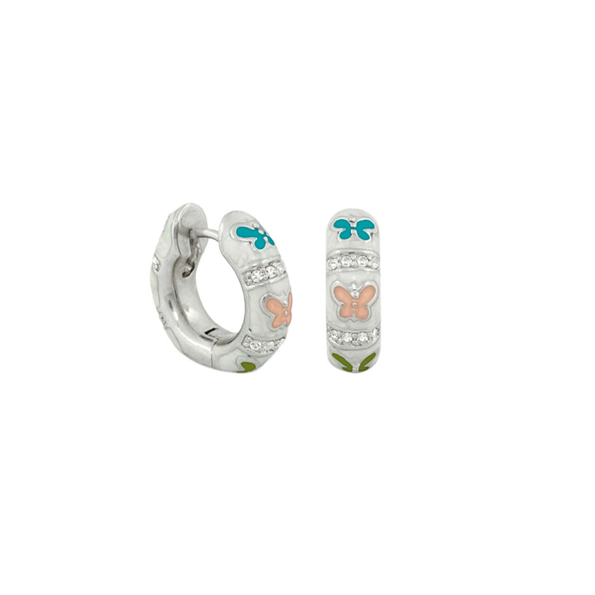 Butterfly World Earrings, Lauren G Adams, teal & peach butterfly rhinestones on hoops on Tampa Home & Garden Store
