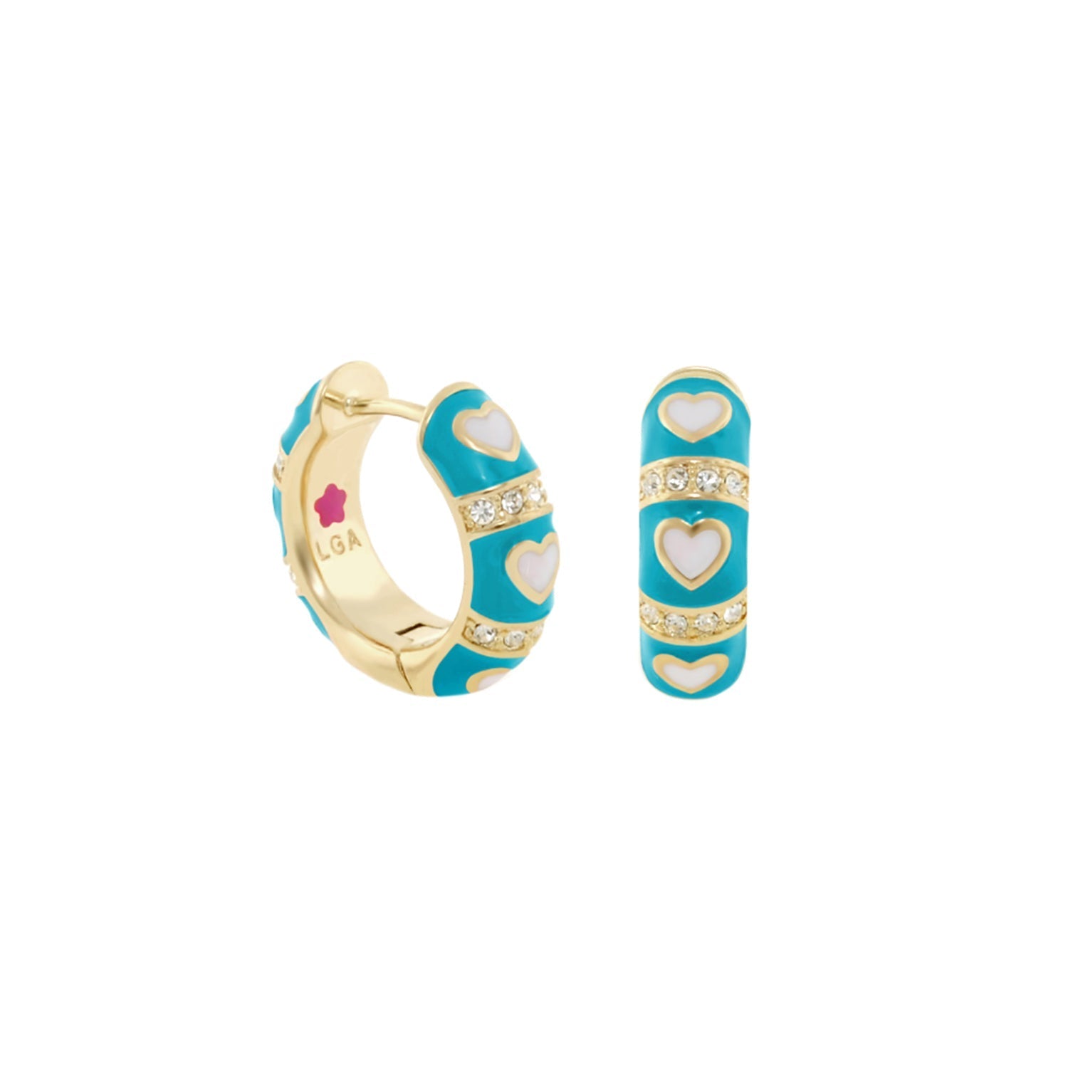 Lots of Love Earrings turquoise enamel heart hoops pair with gold trim and rhinestone bands on Tampa Home & Garden Store